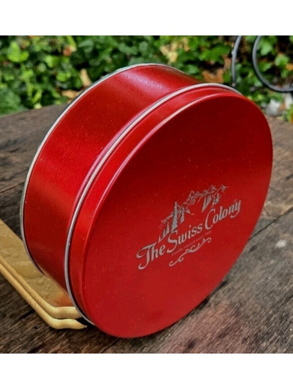 Tin "The Swiss Colony"  Chocolate EMPTY Round Tin Box Red 7x2.5"